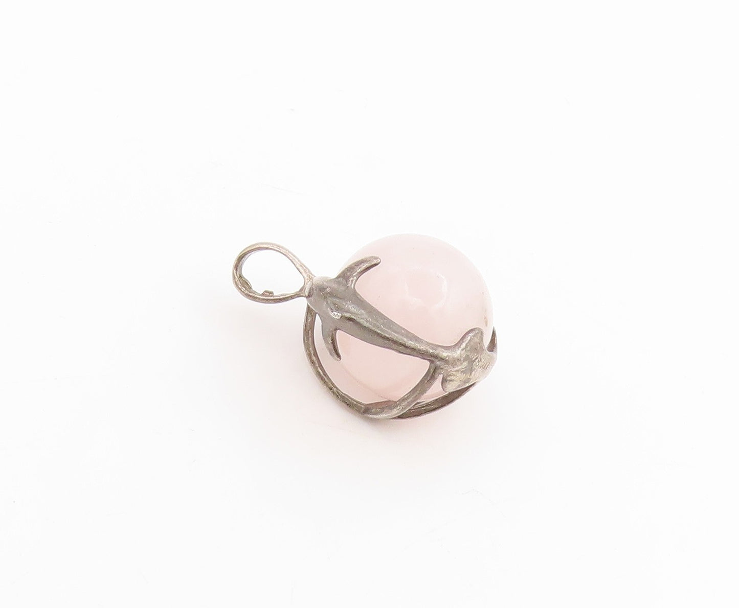 925 Sterling Silver Vintage Pendant Rose Quartz With Hugging Dolphins  PT25629