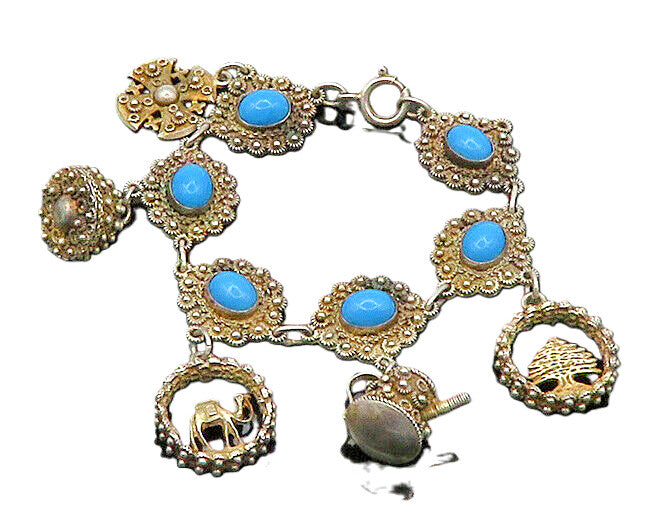 ISRAEL 925 Silver  Vintage Turquoise Floral Twist Cross Chain Bracelet  BT8650