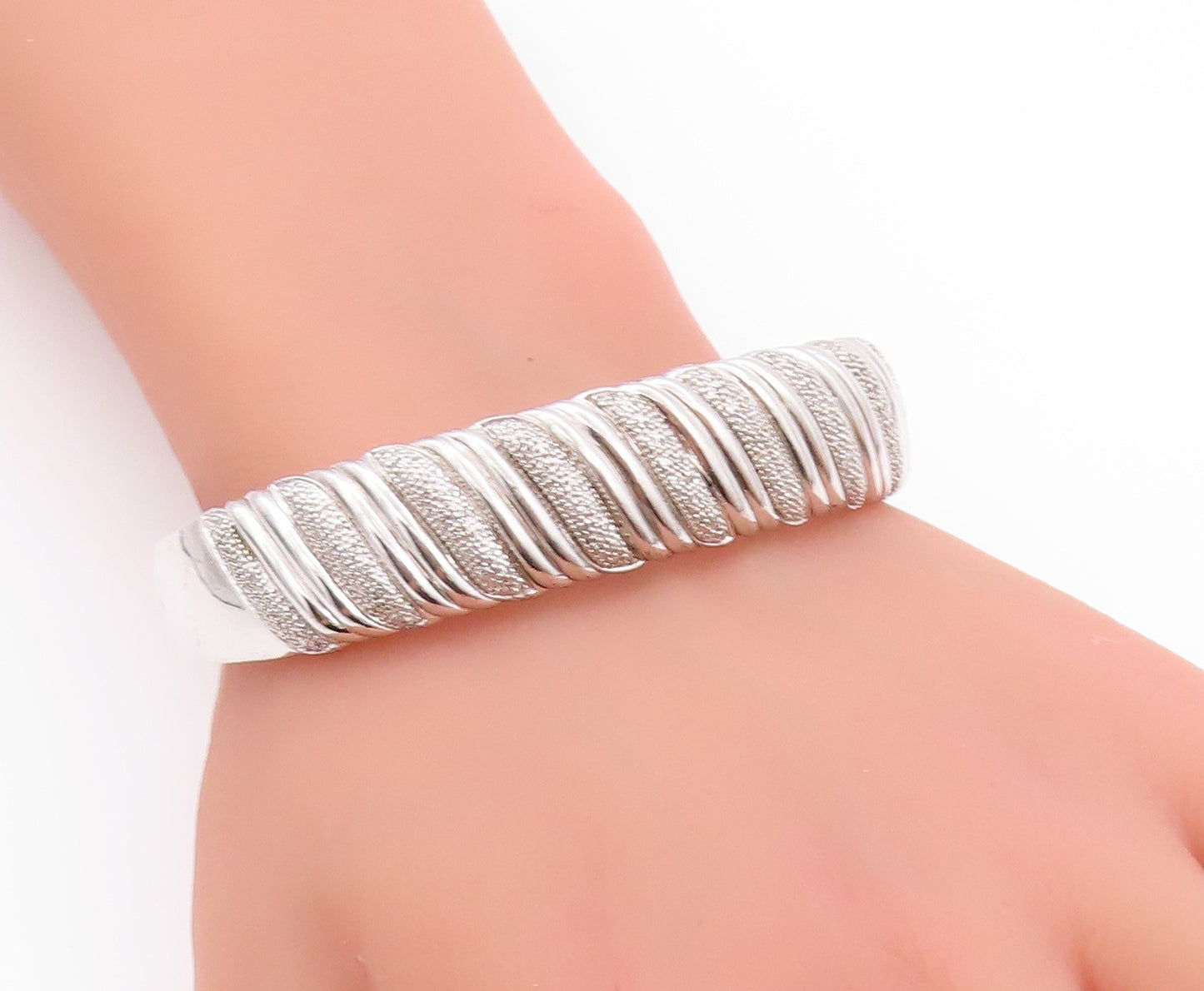 925 Sterling Silver Vintage Bracelet Swirls Etched Diamonds Inlay Cuff  BT11197