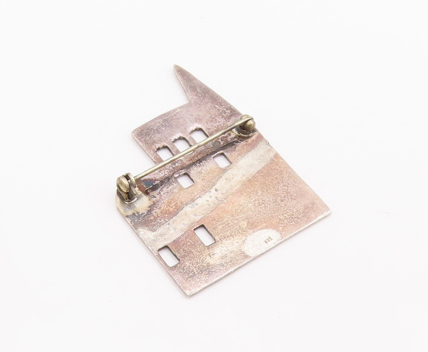925 Sterling Silver Vintage Brooch Pin Solid Etched Apartment Building  BP10988