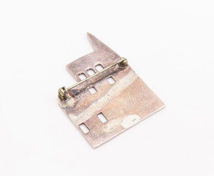 925 Sterling Silver Vintage Brooch Pin Solid Etched Apartment Building  BP10988