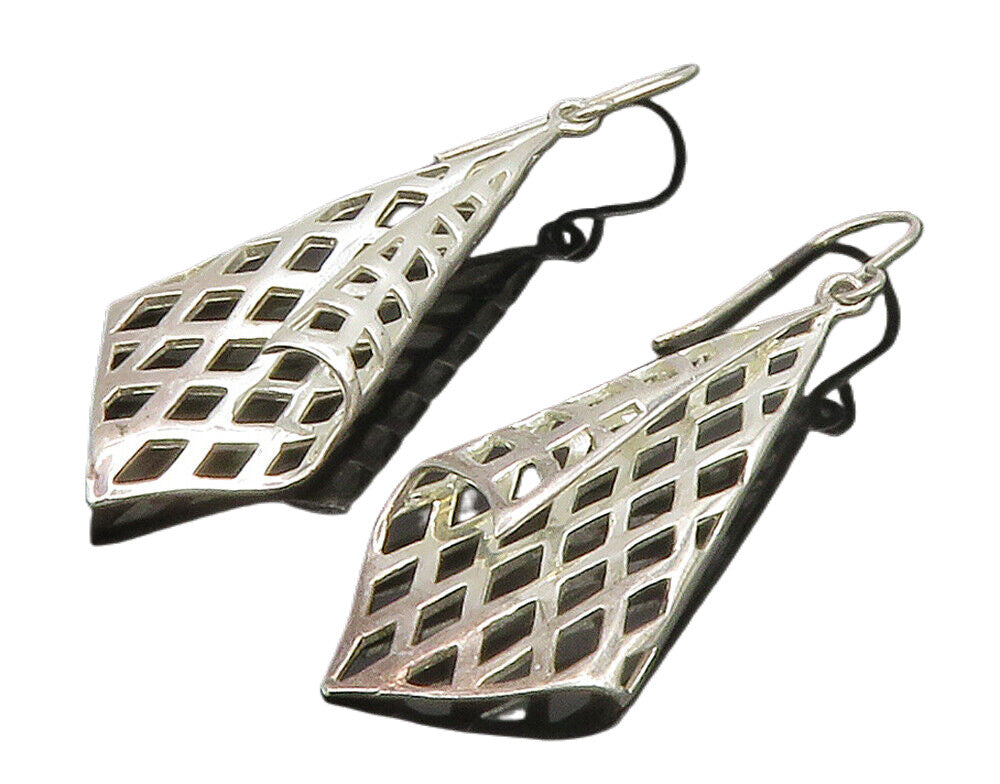 925 Sterling Silver  Shiny Cutout Folded Design Dangle Earrings  EG7571