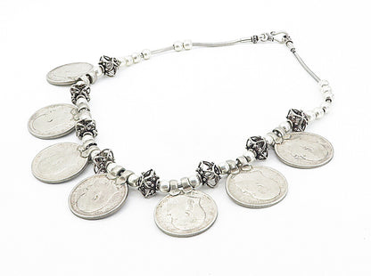 Solid Silver Vintage Antique Indian Rupee Coin Chain Necklace  NE1486