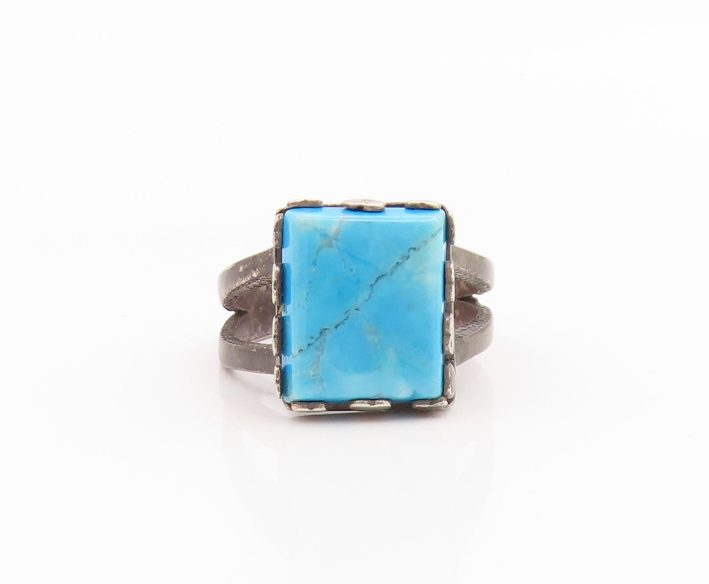 925 Sterling Silver Vintage Ring Rectangle Turquoise Split Band  Sz 6  RG36057