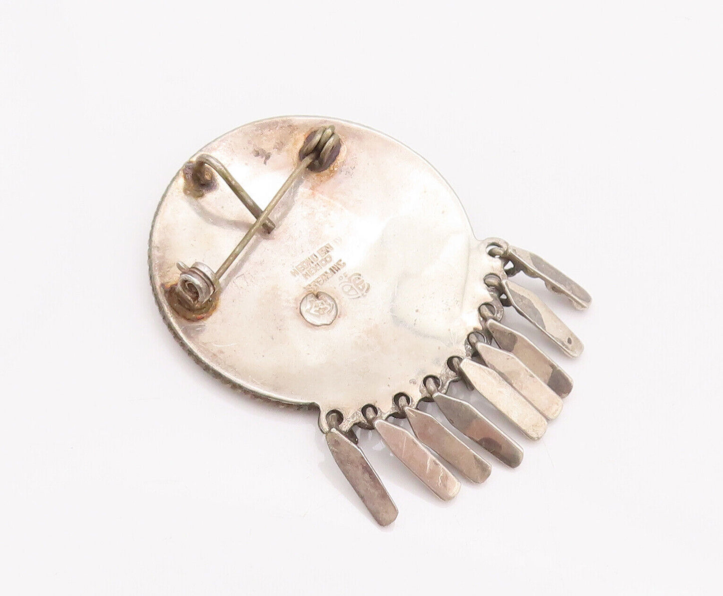 925 Sterling Silver Vintage Brooch Pin MEXICO Carved Man With Dangles  BP10795