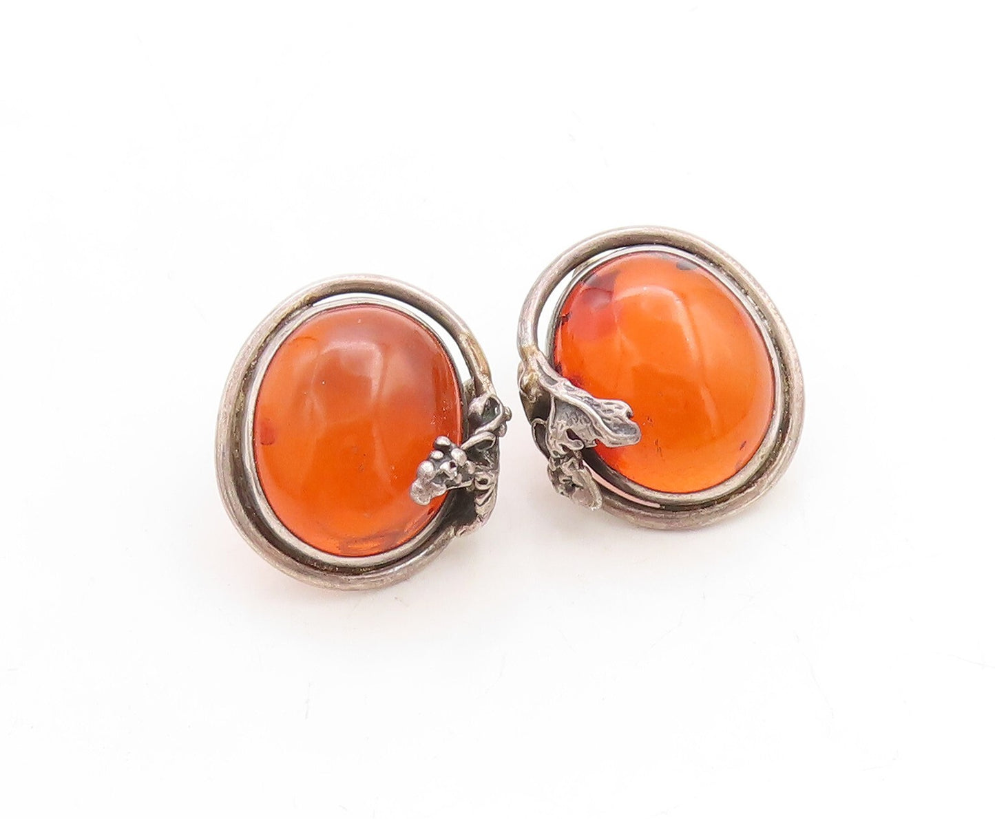 925 Sterling Silver Vintage Earrings Designer Floral Cabochon Amber  EG13288
