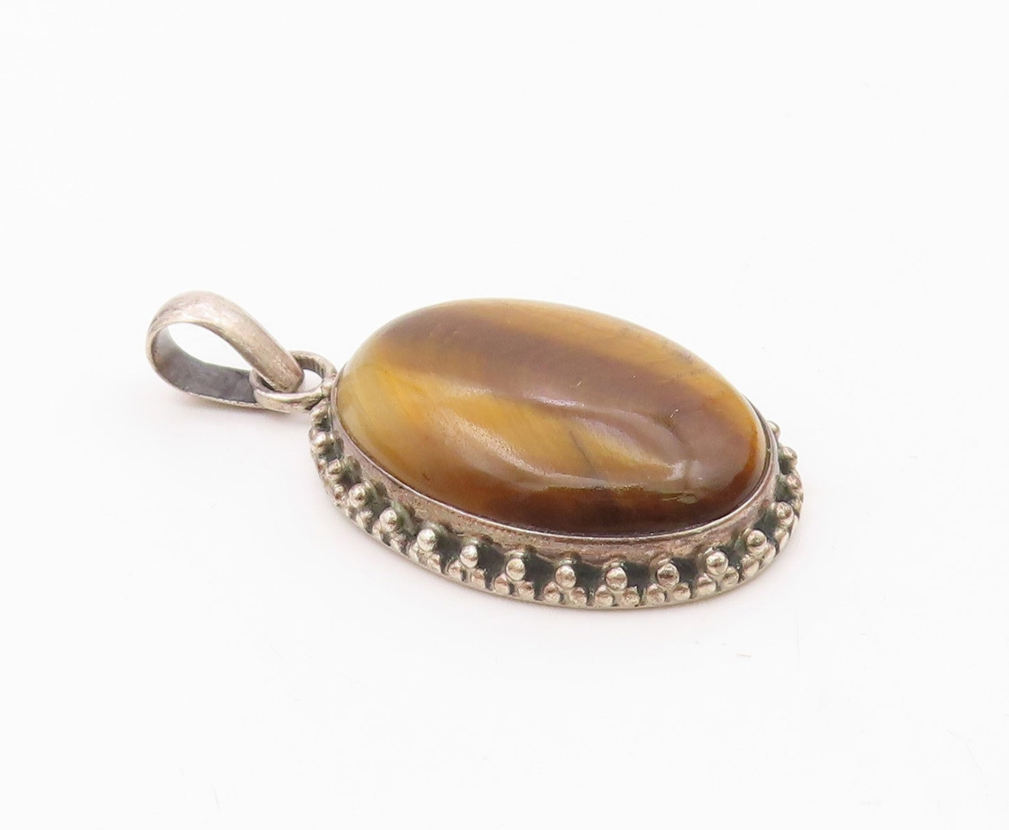 925 Sterling Silver  Vintage Cabochon Cut Tiger's Eye Oval Pendant  PT12175