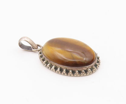 925 Sterling Silver  Vintage Cabochon Cut Tiger's Eye Oval Pendant  PT12175
