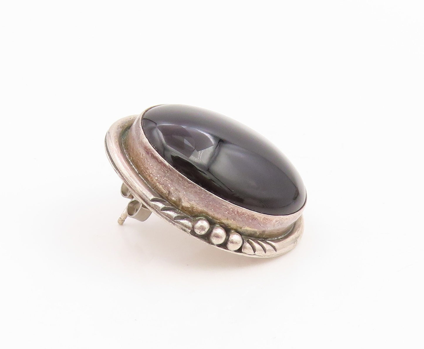 925 Sterling Silver Vintage Earrings JEFFERSON Cabochon Onyx Studs  EG14106