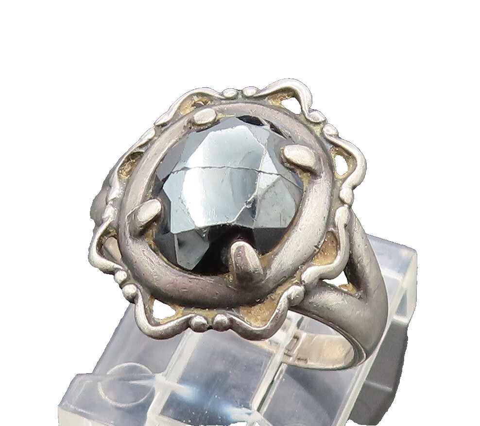 POST BELL 925 Silver  Vintage Star Edge Faceted Hematite Ring Sz 6  RG26258
