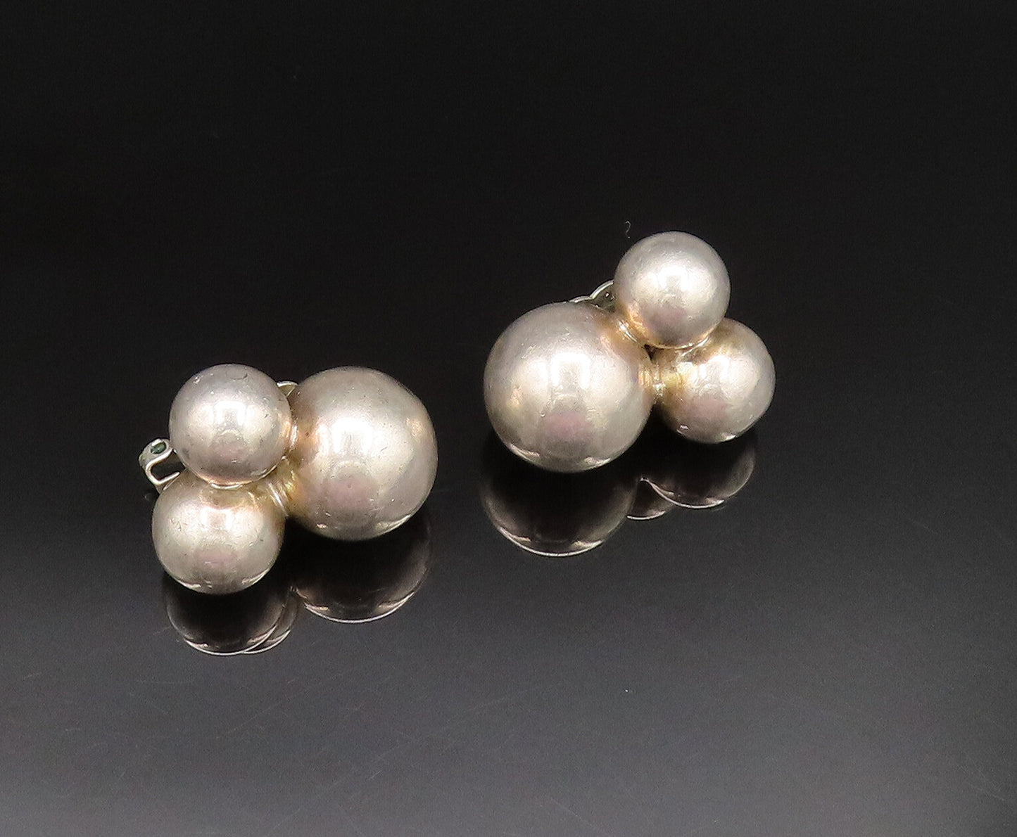 M&J SAVITT 925 Silver  Vintage Triple Bead Ball Non Pierced Earrings  EG11935