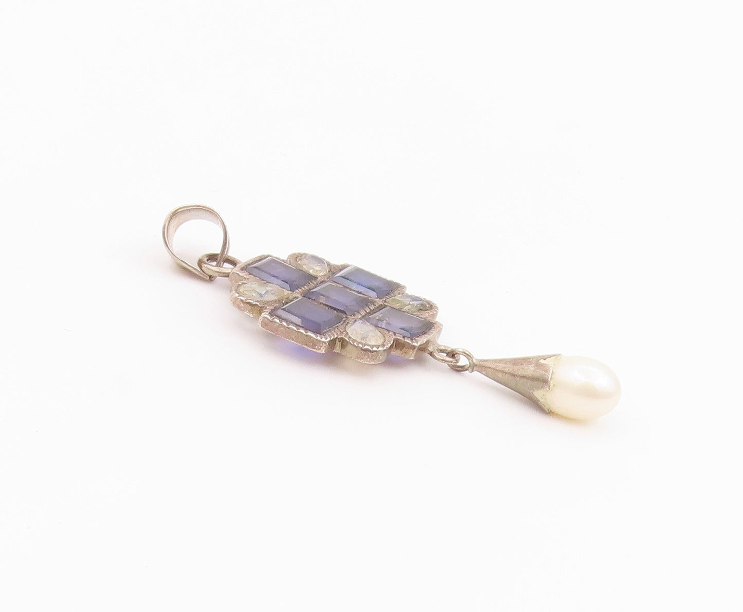 925 Sterling Silver Vintage Pendant Multi Gemstone Geometric Cross  PT26314