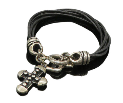 JRI MEXICO 925 Silver   Vintage Religious Cross Leather Rope Bracelet  BT9099