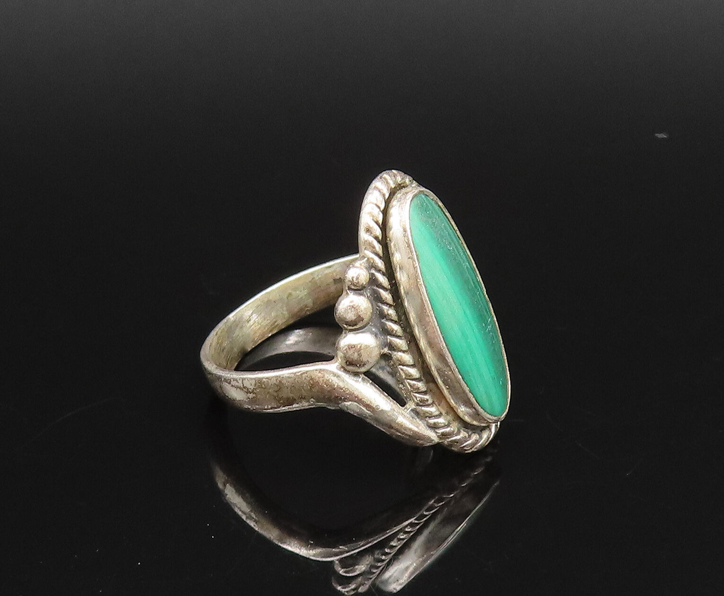 POST BELL 925 Silver  Vintage Dotted & Rope Border Malachite Ring Sz 6 RG25958
