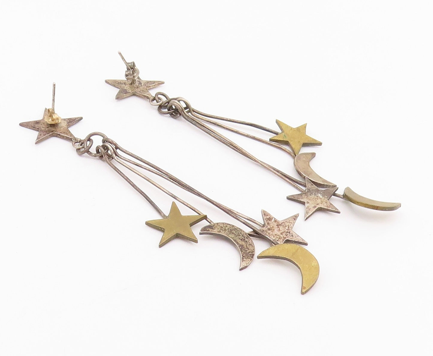 925 Sterling Silver Vintage Earrings Modernist Drop Cutout Moon & Stars  EG13653