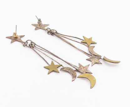 925 Sterling Silver Vintage Earrings Modernist Drop Cutout Moon & Stars  EG13653