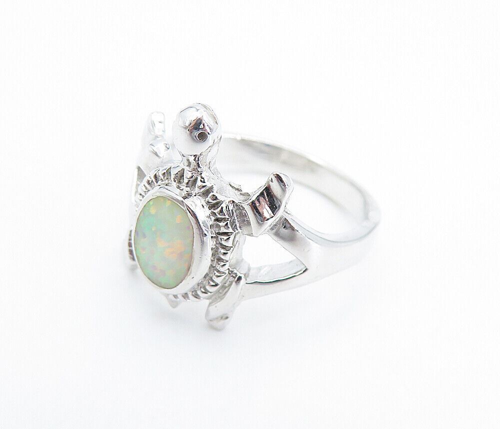 925 Sterling Silver  Fire Opal Turtle Motif Shiny Band Ring Sz 7.5  RG8226