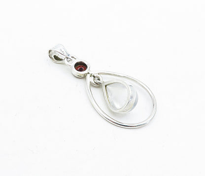 925 Sterling Silver  Quartz & Red Topaz Dangling Tear Drop Pendant  PT3378