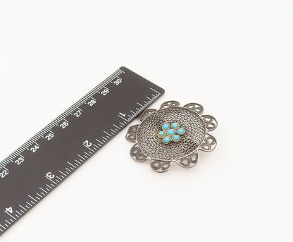 ISRAEL 925 Silver  Vintage Turquoise Flower Wire Mesh Brooch Pin  BP10286