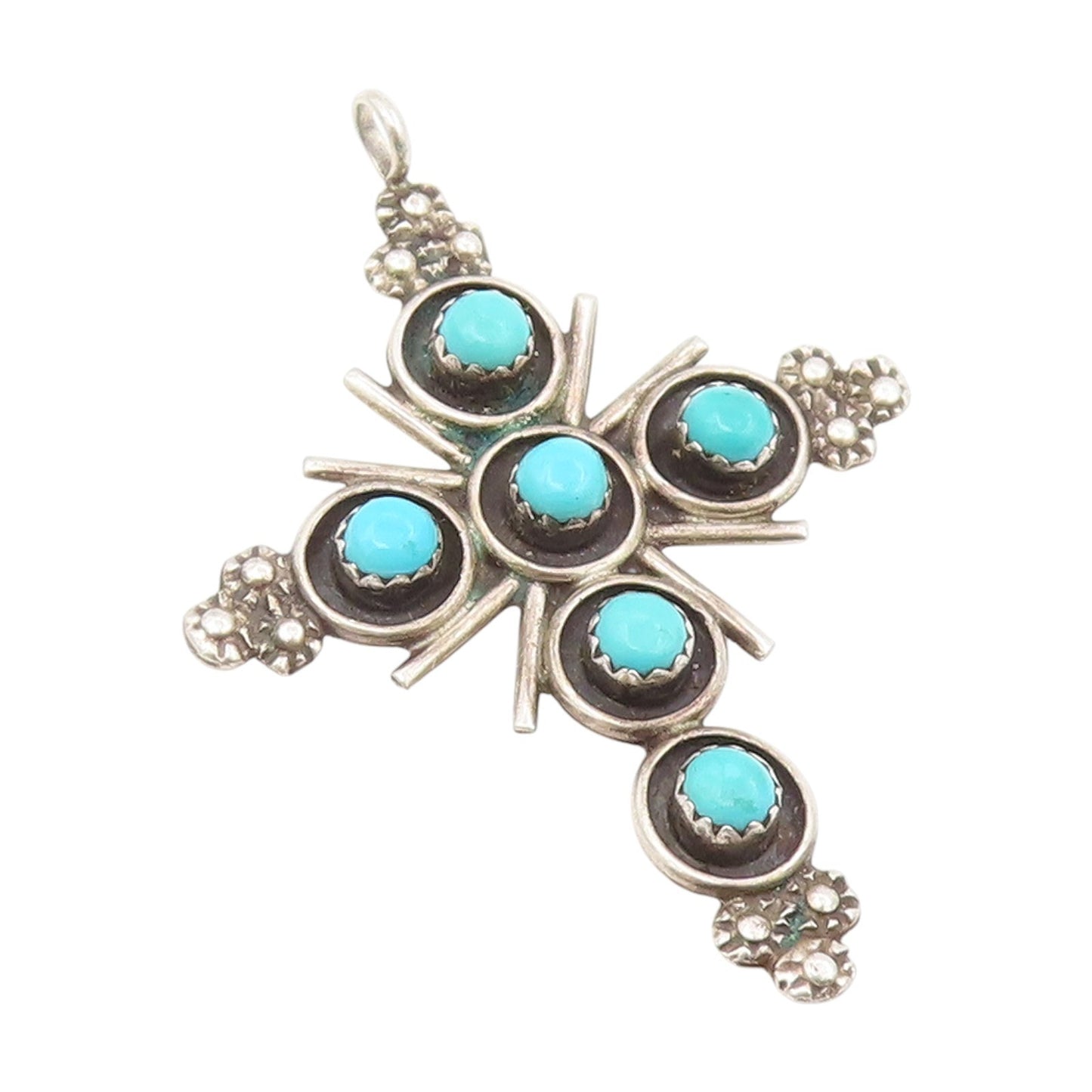 925 Sterling Silver Vintage Pendant NAVAJO ZUNI Round Turquoise Cross  PT25670