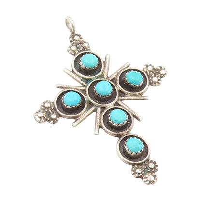 925 Sterling Silver Vintage Pendant NAVAJO ZUNI Round Turquoise Cross  PT25670