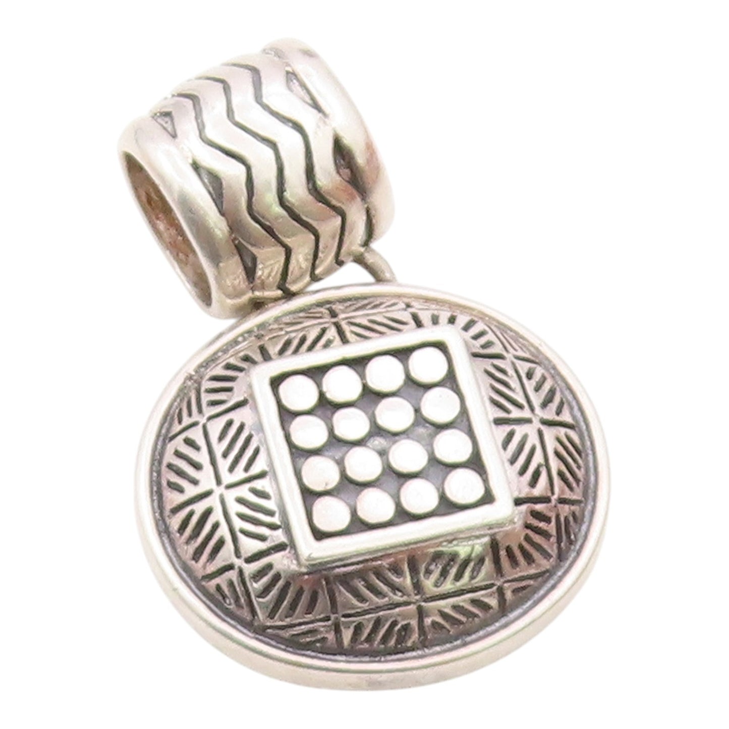 925 Sterling Silver  Vintage Etched Pattern Round Dome Shiny Pendant  PT19651