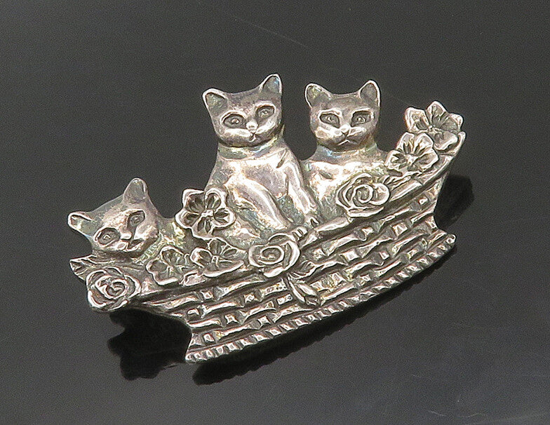 925 Sterling Silver  Vintage Dark Tone Cats In A Basket Brooch Pin  BP6791