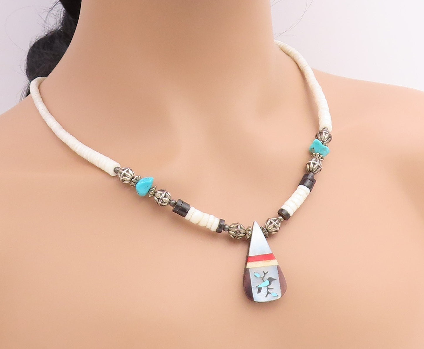 925 Sterling Silver Vintage Necklace SOUTHWESTERN Multi Gemstone Chain  NE4924