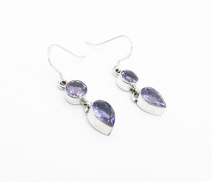 925 Sterling Silver  MultiShape Amethyst Shiny Linked Dangle Earrings  EG2553