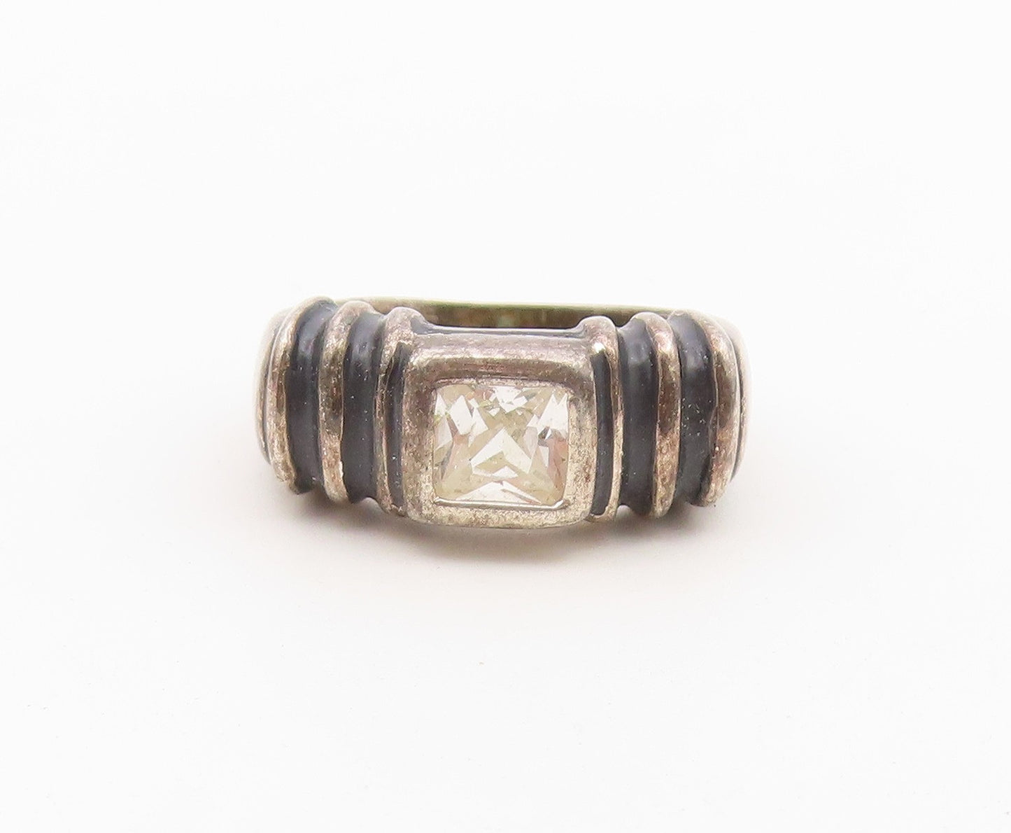 925 Sterling Silver Vintage Ring White CZ Ribbed Statement Band  Sz 6  RG36604
