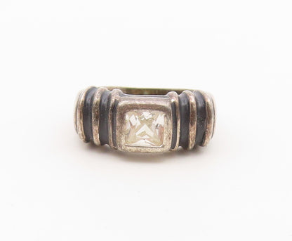 925 Sterling Silver Vintage Ring White CZ Ribbed Statement Band  Sz 6  RG36604
