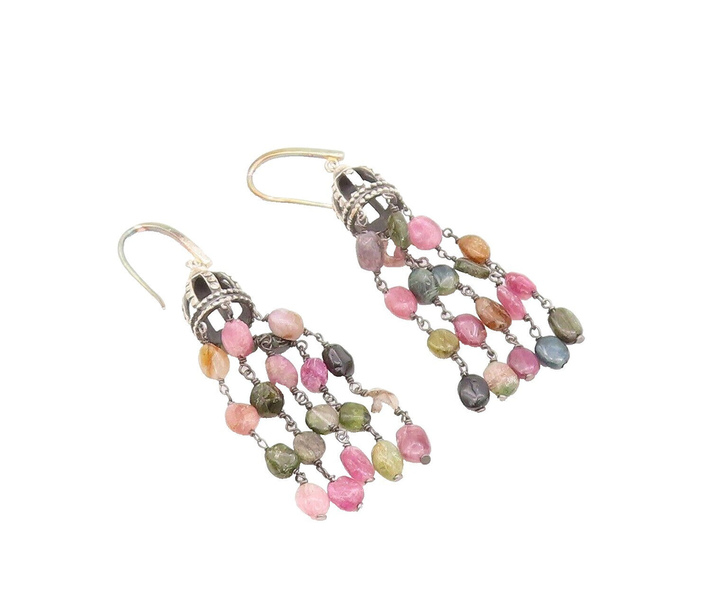 925 Sterling Silver Vintage Earrings Cutout Dome Dangling Gemstones  EG13159