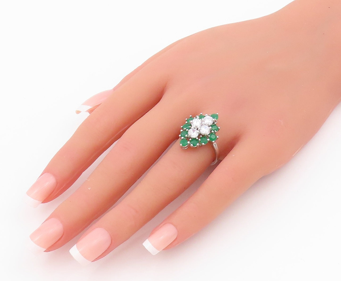 925 Sterling Silver Vintage Ring Modernist Round Cut CZ & Jade  Sz 8  RG33042