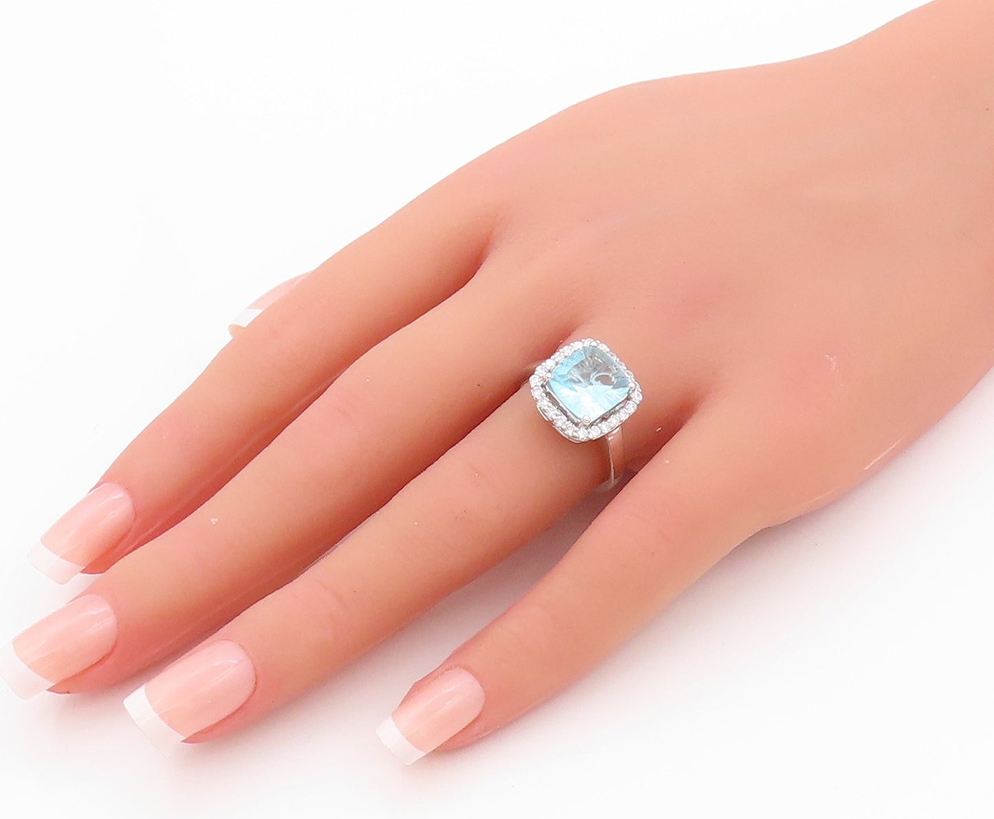 925 Sterling Silver Vintage Ring Square Cut Blue Topaz Halo CZ  Sz 7.5  RG32490