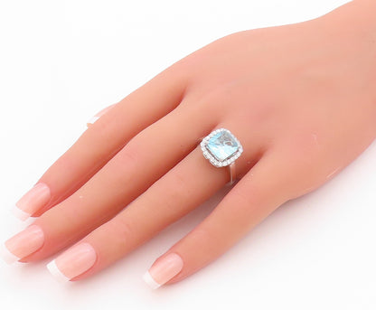 925 Sterling Silver Vintage Ring Square Cut Blue Topaz Halo CZ  Sz 7.5  RG32490