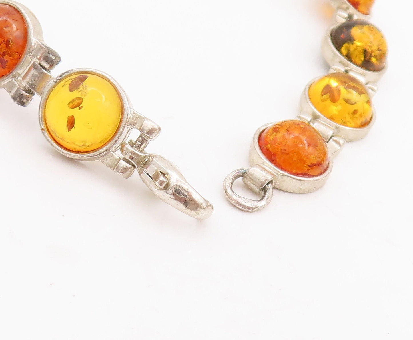 925 Sterling Silver Vintage Bracelet Round Honey Amber Hinged Links  BT10667