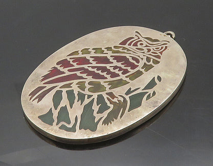925 Sterling Silver Vintage Enamel Cutout Perched Owl Scene Pendant PT13761