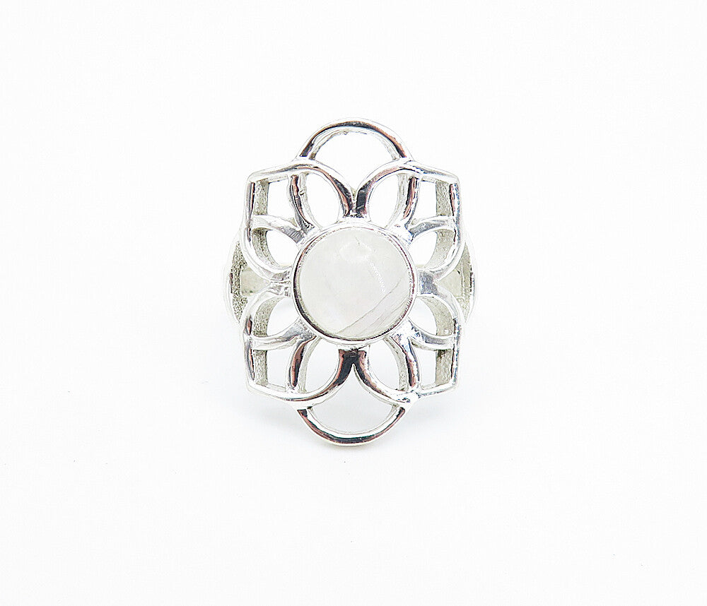 925 Sterling Silver Moonstone Open Floral Design Cocktail Ring Sz 7 RG8058