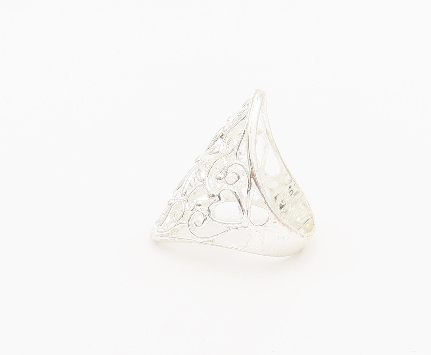 925 Sterling Silver Vintage Ring Swirly Floral Cutout Broad Sz 8.5  RG27948
