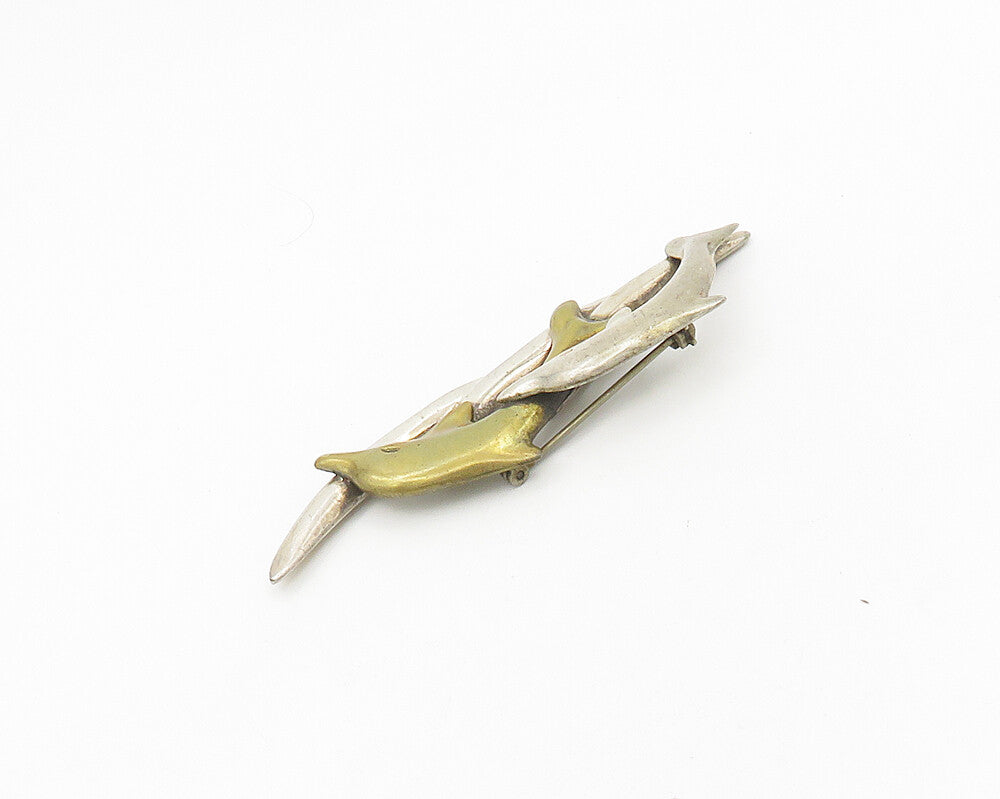 MEXICO 925 Silver  Vintage Shiny Two Tone Leaping Dolphins Brooch Pin  BP7406