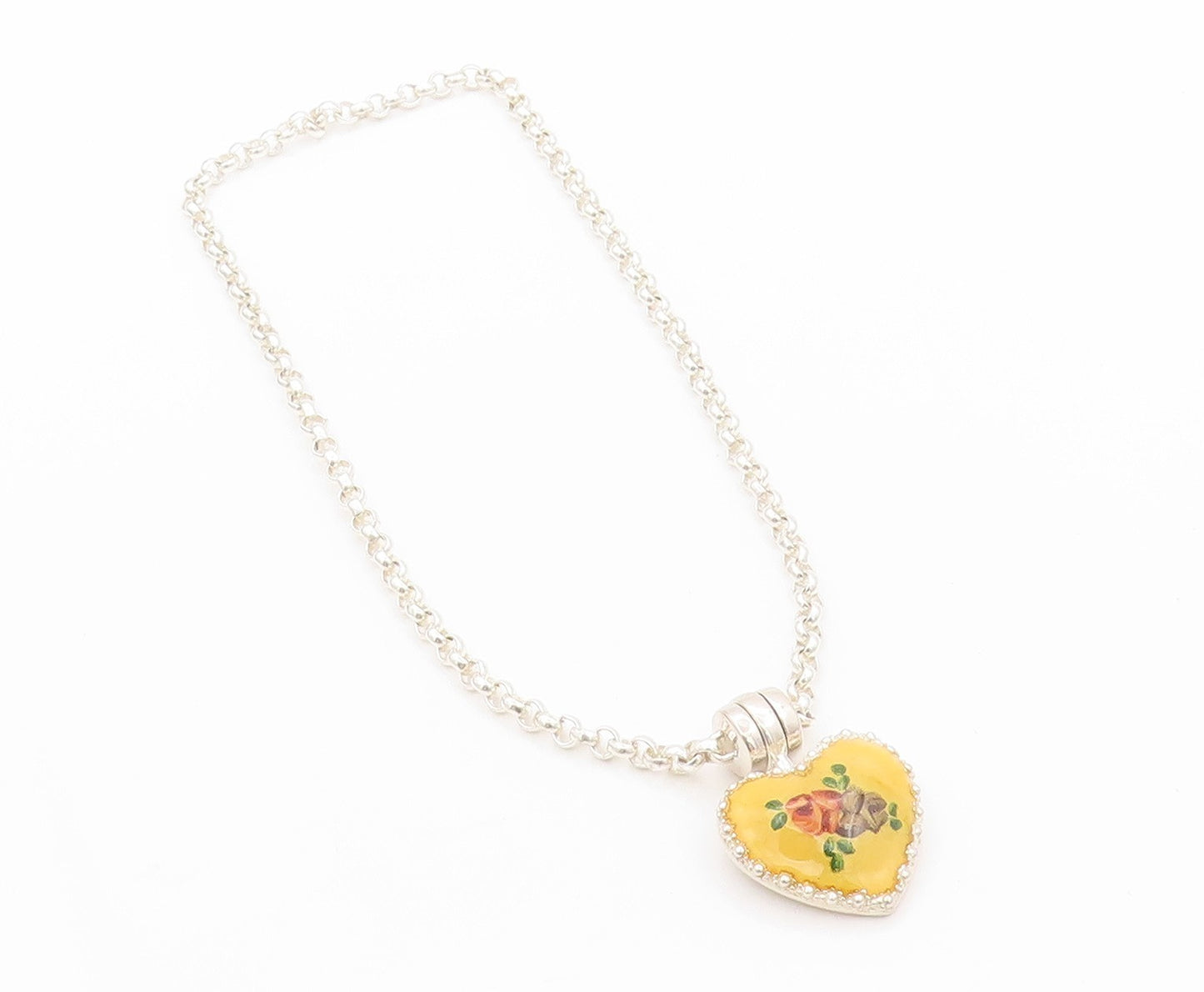 925 Sterling Silver Vintage Necklace ESPO SIG Floral Enameled Heart  NE4502