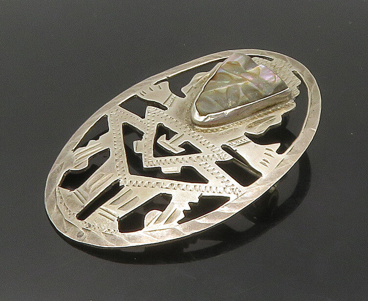 GUATEMALA 925 Silver  Vintage Face Carved Abalone Warrior Brooch Pin  BP6727