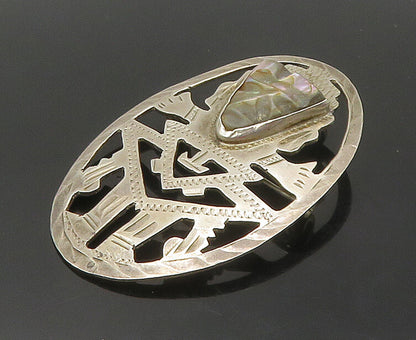 GUATEMALA 925 Silver  Vintage Face Carved Abalone Warrior Brooch Pin  BP6727