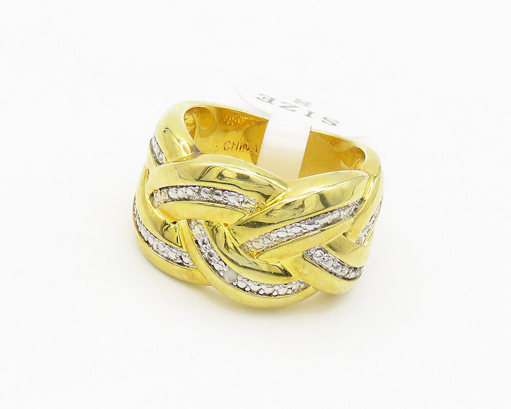 925 Sterling Silver  Genuine Diamond Gold Plated Shiny Band Ring Sz 8  RG17808