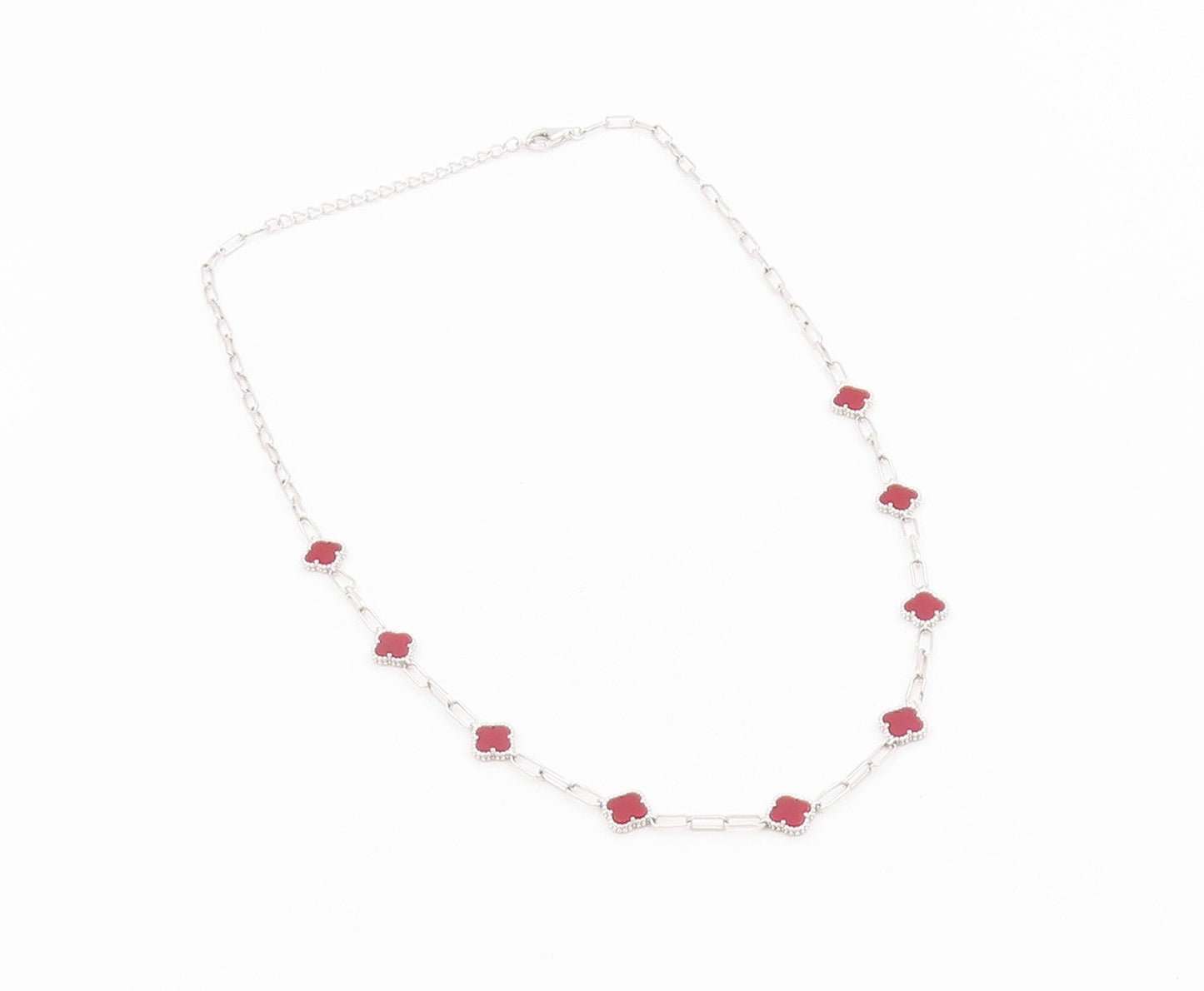 925 Sterling Silver Vintage Necklace Elegant Carnelian Lucky Clover Chain NE4917