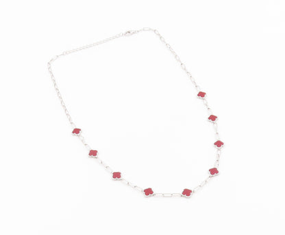 925 Sterling Silver Vintage Necklace Elegant Carnelian Lucky Clover Chain NE4917