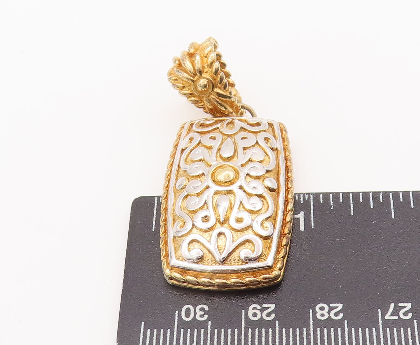 925 Sterling Silver Vintage Pendant Gold Plated Rectangle Swirly Carved  PT22546