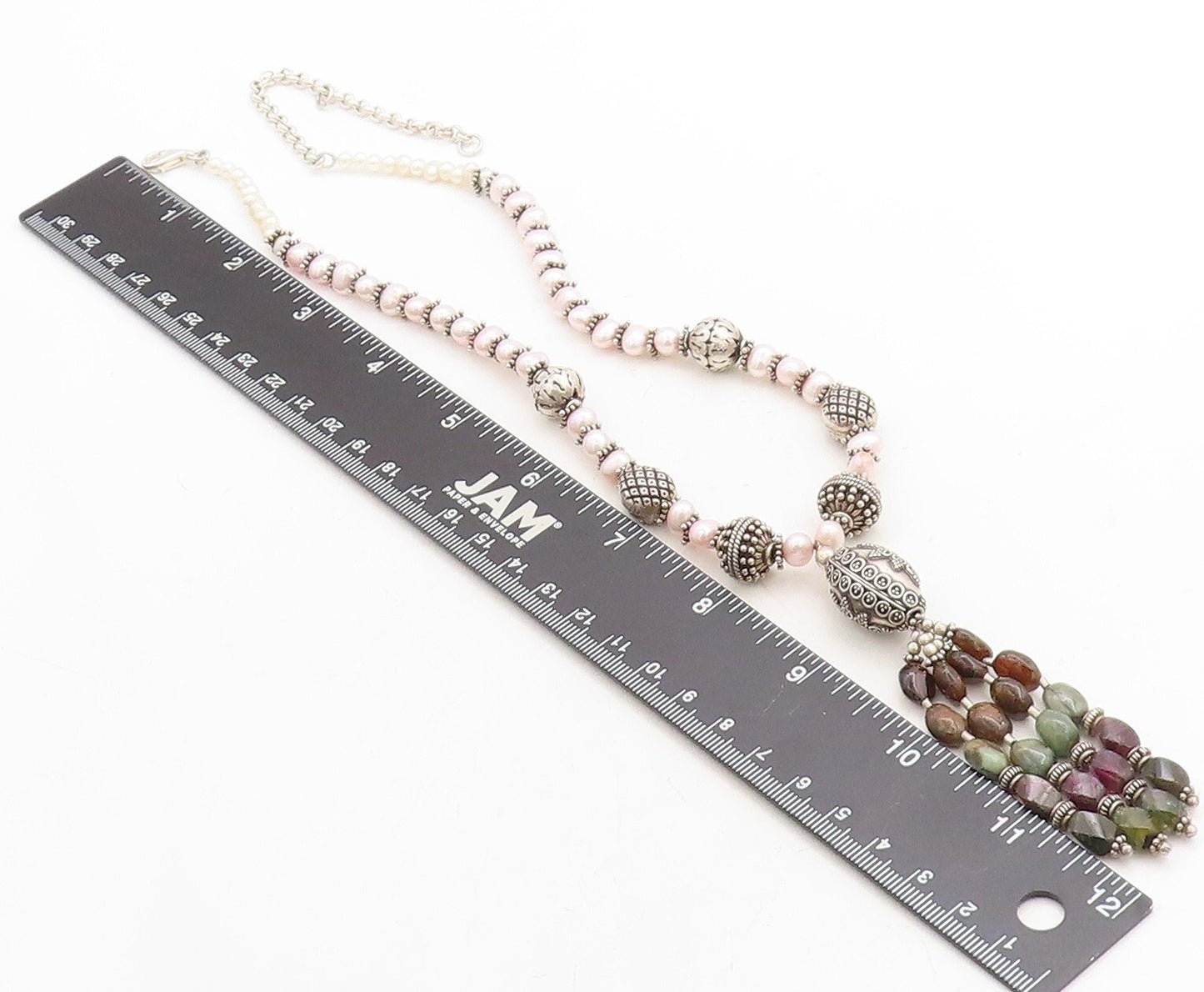925 Sterling Silver  Vintage Pearls Agate & Amethyst Chain Necklace  NE1655