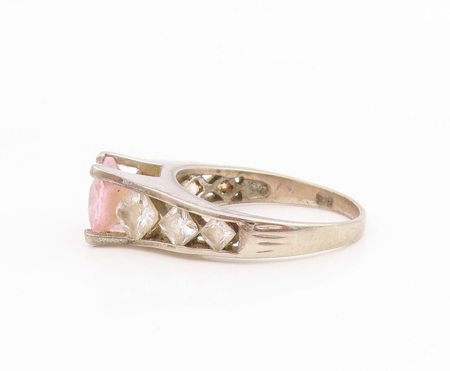 925 Sterling Silver Vintage Ring Classic Pink & White Topaz Band  Sz 7  RG35933