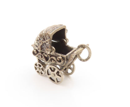 925 Sterling Silver Vintage Pendant BEAU 3D Baby Stroller Charm MOVES  PT26269
